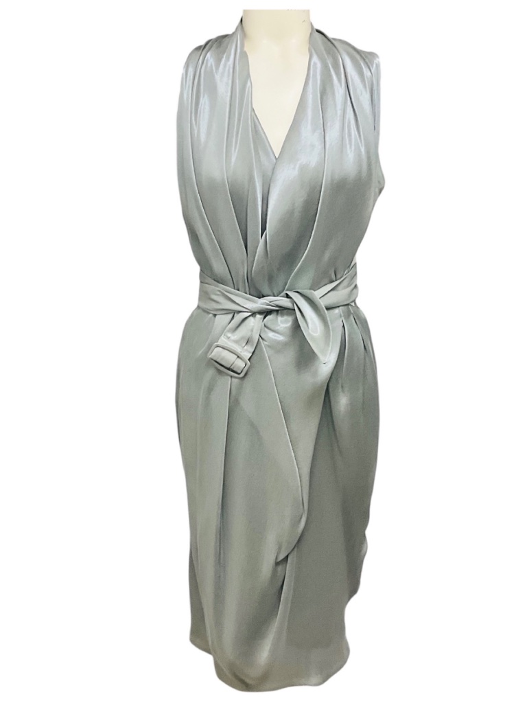 Martin Grant Silver Grey Shimmer Draped Sleeveless V-Neck Midi Dress With Belt